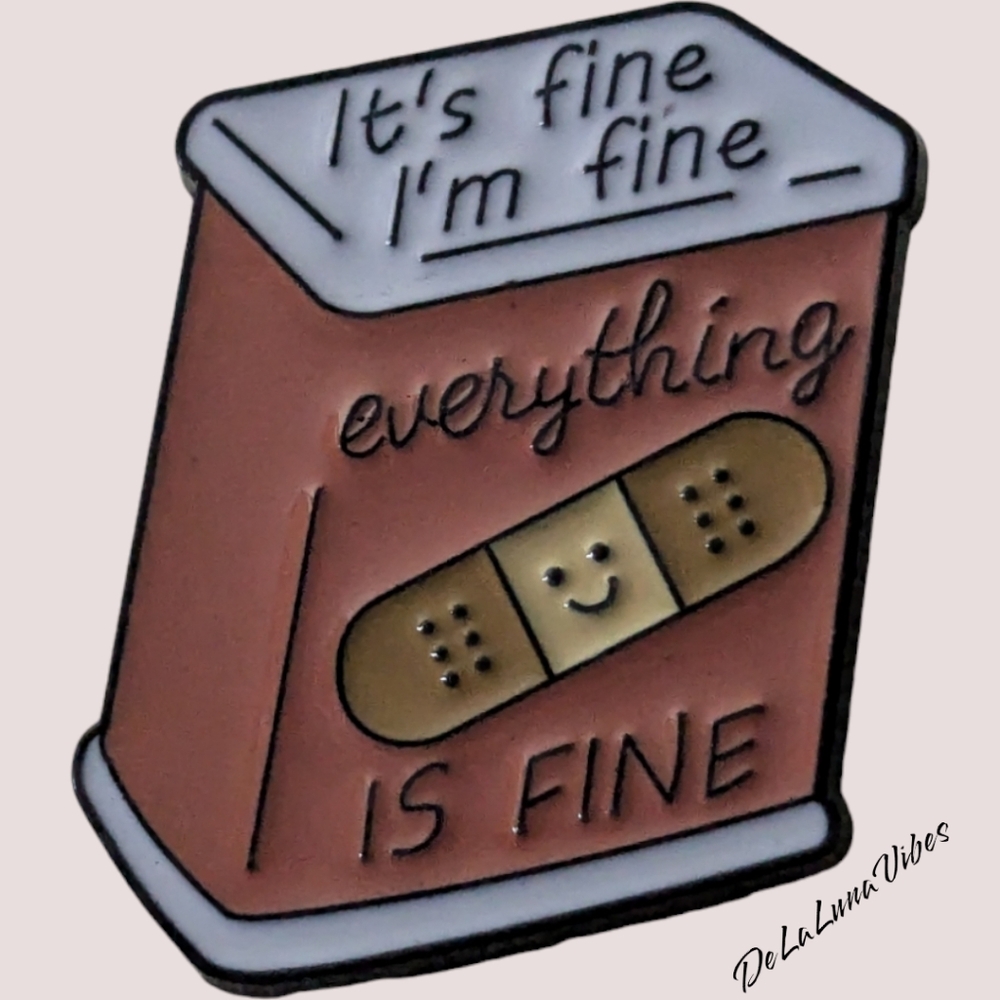 3/$12 "I'm Fine" Box of Bandages Enamel Pin.